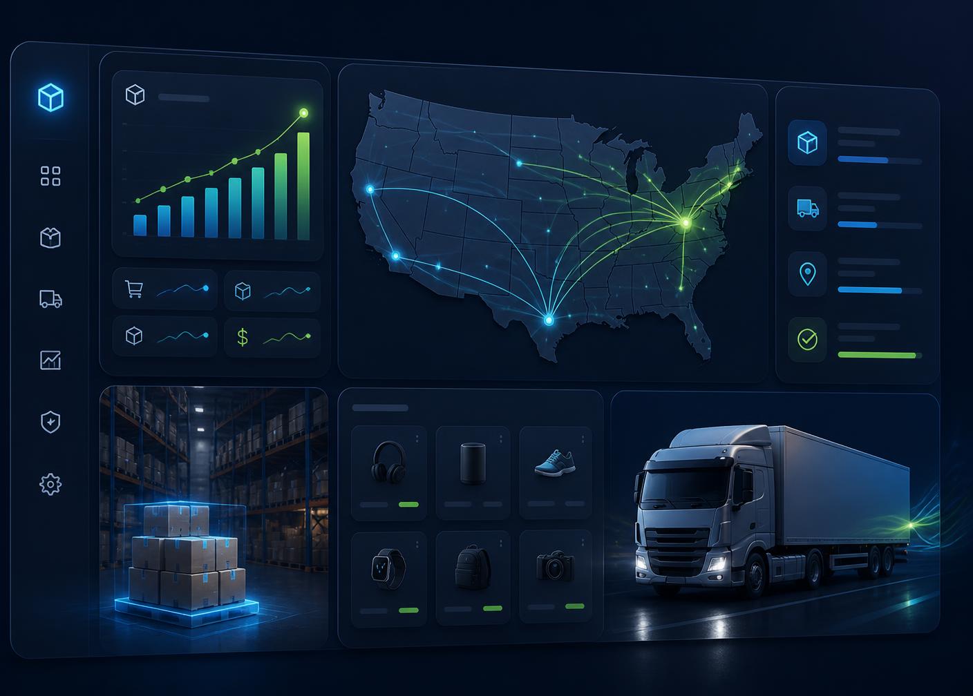Sumon Store warehouse dashboard showing US shipping routes, live order analytics, and same-day fulfillment